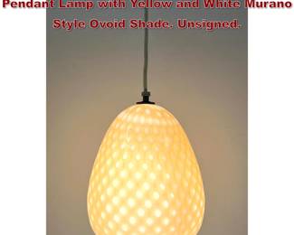 Lot 233 Vintage Honeycomb Cased Glass Pendant Lamp with Yellow and White Murano Style Ovoid Shade. Unsigned.