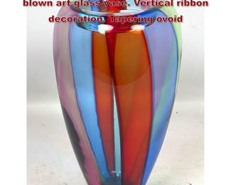 Lot 72 12 inch Murano style multi colored blown art glass vase. Vertical ribbon decoration. Tapering ovoid 