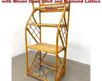 Lot 342 Rattan and Glass 4 Tier Etagere with Woven Cane Shelf and Diamond Lattice Sides