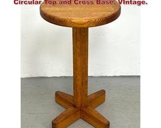 Lot 92 Solid Oak Pedestal Side Table with Circular Top and Cross Base. VIntage.