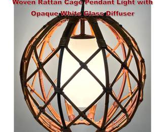Lot 234 Lightolier Mid Century Modern Woven Rattan Cage Pendant Light with Opaque White Glass Diffuser
