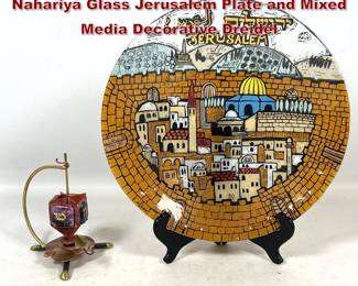 Lot 370 2pc Judaica Art lot Andreas Meyer Nahariya Glass Jerusalem Plate and Mixed Media Decorative Dreidel 