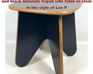 Lot 403 MidCentury Modern style plywood and black laminate tripod side table or stool in the style of Lex P