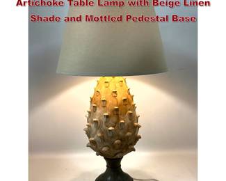 Lot 217 Restoration Hardware Pottery Artichoke Table Lamp with Beige Linen Shade and Mottled Pedestal Base