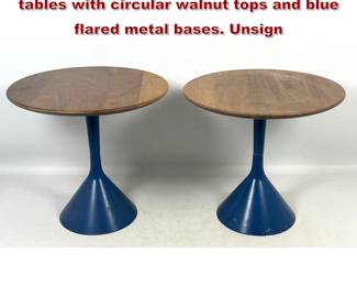 Lot 358 Pair of MidCentury Modern side tables with circular walnut tops and blue flared metal bases. Unsign