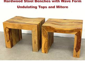 Lot 46 Pair of Contemporary Slatted Exotic Hardwood Stool Benches with Wave Form Undulating Tops and Mitere