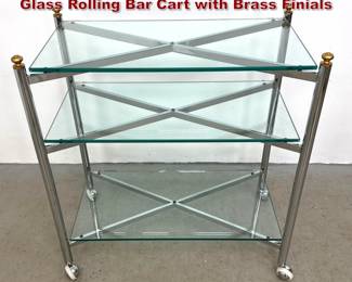Lot 427 Directoire Style 3 Tier Chrome and Glass Rolling Bar Cart with Brass Finials