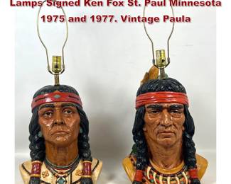 Lot 554 Pair Native American Bust Table Lamps Signed Ken Fox St. Paul Minnesota 1975 and 1977. Vintage Paula