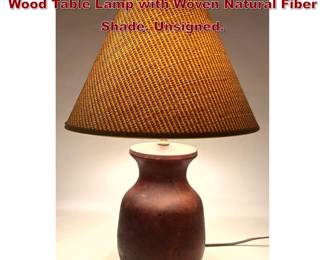 Lot 106 Mid Century Modern Turned Burl Wood Table Lamp with Woven Natural Fiber Shade. Unsigned.