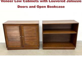 Lot 341 2pcs MidCentury Modern Walnut Veneer Low Cabinets with Louvered Jalousie Doors and Open Bookcase