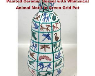 Lot 80 Italian MidCentury Modern Hand Painted Ceramic Vessel with Whimsical Animal Motif in Green Grid Pat