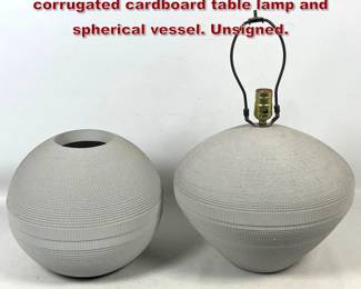 Lot 310 2pc lot Flute of Chicago style corrugated cardboard table lamp and spherical vessel. Unsigned.