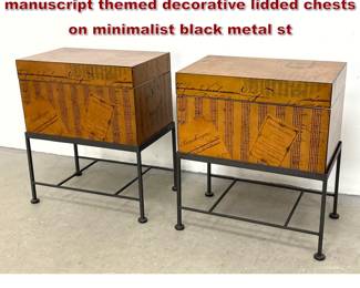 Lot 426 Pair of contemporary musical manuscript themed decorative lidded chests on minimalist black metal st
