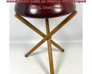 Lot 349 Midcentury modern large turned wood salad bowl on folding wood tripod stand. Unsigned.