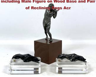 Lot 170 3pc lot Modernist Metal Sculptures including Male Figure on Wood Base and Pair of Reclining Dogs Acr