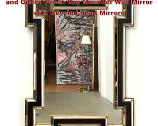 Lot 297 Large Hollywood Regency Ebonized and Gilded Greek Key Meander Wall Mirror with Beveled Inset Mirrore