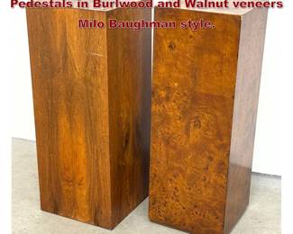 Lot 289 2pcs Mid Century Modern Wood Pedestals in Burlwood and Walnut veneers Milo Baughman style. 
