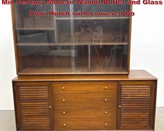 Lot 357 2pc Ramseur Furniture Company Mid Century Modern Walnut Buffet and Glass Door Hutch with Louvered Do