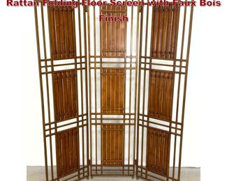 Lot 526 3 Panel Art Deco Style Metal and Rattan Folding Floor Screen with Faux Bois Finish
