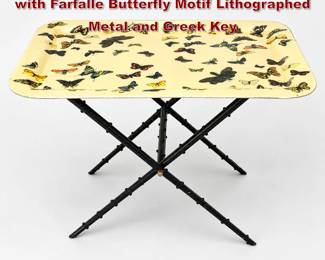 Lot 4 Piero Fornasetti Tray table and Stand with Farfalle Butterfly Motif Lithographed Metal and Greek Key