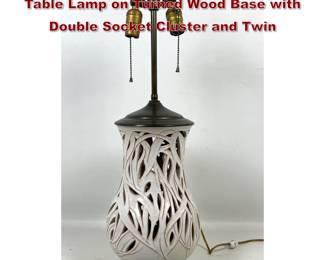 Lot 367 Reticulated White Glazed Ceramic Table Lamp on Turned Wood Base with Double Socket Cluster and Twin 