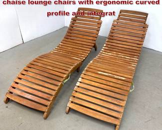 Lot 123 Pair of Safavieh wooden slat folding chaise lounge chairs with ergonomic curved profile and integrat