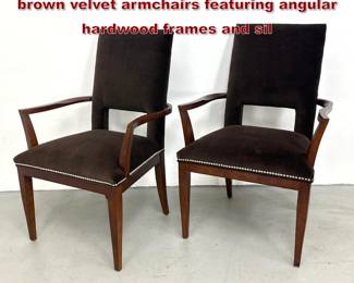 Lot 250 Pair of contemporary dark chocolate brown velvet armchairs featuring angular hardwood frames and sil