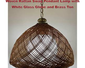 Lot 397 Vintage MidCentury Modern Style Woven Rattan Swag Pendant Lamp with White Glass Globe and Brass Ton