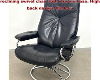 Lot 418 Ekornes Stressless black leather reclining swivel chair with chrome base. High back design. Made in 