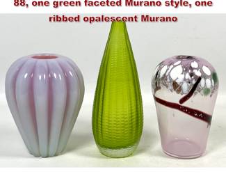 Lot 57 3pc lot of Art Glass. One signed Bo 88, one green faceted Murano style, one ribbed opalescent Murano