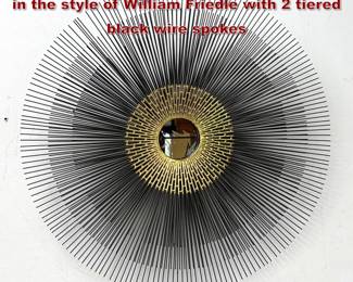 Lot 226 Large Brutalist sunburst wall mirror in the style of William Friedle with 2 tiered black wire spokes