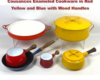 Lot 320 8pc Lot Dansk Kobenstyle and Cousances Enameled Cookware in Red Yellow and Blue with Wood Handles