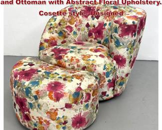 Lot 489 Kagan Style Swivel Lounge Chair and Ottoman with Abstract Floral Upholstery. Cosette style. Unsigned