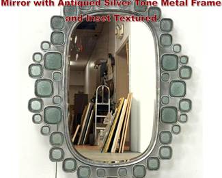 Lot 196 Large Oval Modernist Brutalist Wall Mirror with Antiqued Silver Tone Metal Frame and Inset Textured 