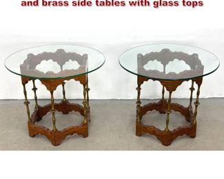 Lot 490 Pair Moorish style hexagonal oak and brass side tables with glass tops 