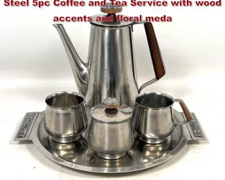 Lot 347 International Decorator Stainless Steel 5pc Coffee and Tea Service with wood accents and floral meda