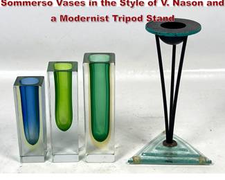 Lot 65 4pcs Set of 3 Graduated Faceted Sommerso Vases in the Style of V. Nason and a Modernist Tripod Stand