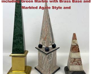 Lot 174 3pc Assorted Decorative Obelisks including Green Marble with Brass Base and Marbled Agate Style and 
