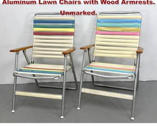 Lot 482 Pair of MidCentury Modern Folding Aluminum Lawn Chairs with Wood Armrests. Unmarked.