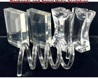 Lot 348 5pc Modernist Clear Acrylic Bookends and Spiral Helix Sculpture
