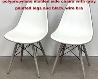 Lot 821 Pair of Eames style white polypropylene molded side chairs with gray painted legs and black wire bra
