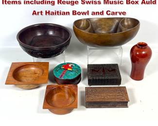 Lot 1248 8pcs Artisan Wooden Decorative Items including Reuge Swiss Music Box Auld Art Haitian Bowl and Carve