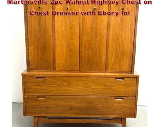 Lot 898 MidCentury Modern American of Martinsville 2pc Walnut Highboy Chest on Chest Dresser with Ebony Inl