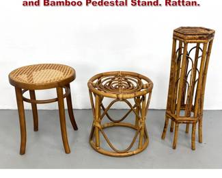 Lot 852 3pcs of Midcentury Modern Stools and Bamboo Pedestal Stand. Rattan.