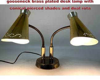 Lot 819 MidCentury Modern double gooseneck brass plated desk lamp with conical pierced shades and dual rota
