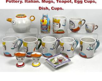 Lot 1121 13pcs Hand Painted De Simone Art Pottery. Italian. Mugs, Teapot, Egg Cups, Dish, Cups. 