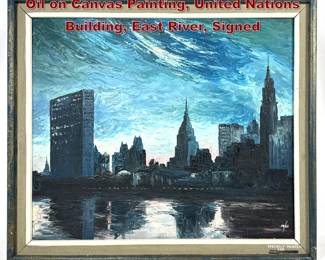 Lot 1233 Paek Vintage New York Cityscape Oil on Canvas Painting, United Nations Building, East River, Signed 