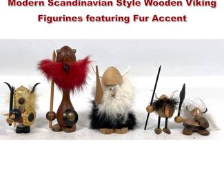 Lot 1113 Assortment of 5pc Mid Century Modern Scandinavian Style Wooden Viking Figurines featuring Fur Accent