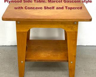 Lot 841 MidCentury Modern Laminated Plywood Side Table. Marcel Gascoin style with Concave Shelf and Tapered