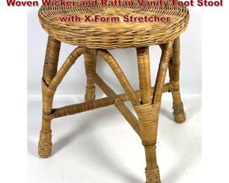 Lot 937 Vintage MidCentury Modern Round Woven Wicker and Rattan Vanity Foot Stool with XForm Stretcher